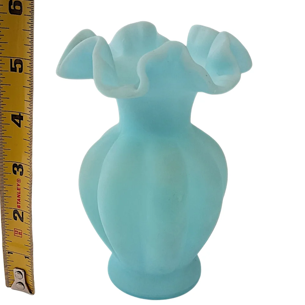 Fenton Satin Art Glass Vase Sky‎ Blue Melon Ruffled Edge Vintage Cottage Garden